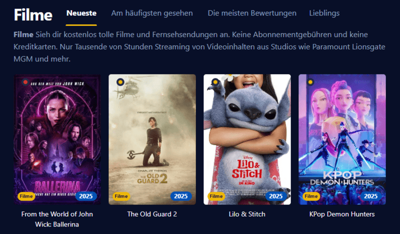 Bild von Kinokiste Webseite grüner Text dunkler Hintergrund